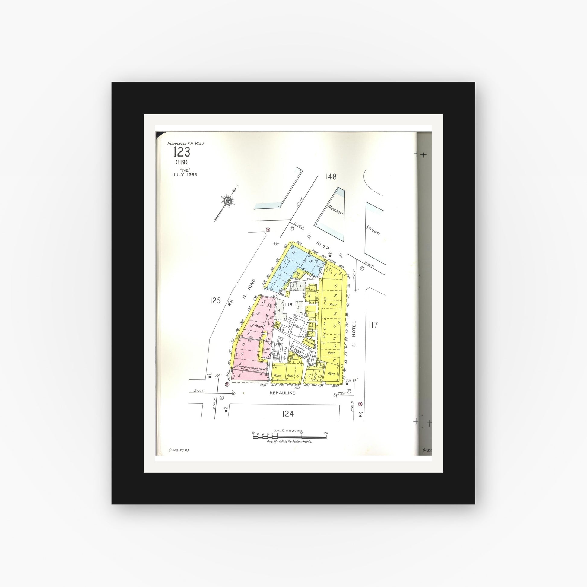 Old map wall art mockup — black gallery frame with white mat — Sanborn Fire Insurance Map from Honolulu, Oahu County, Hawaii (1955), Sheet #0123
