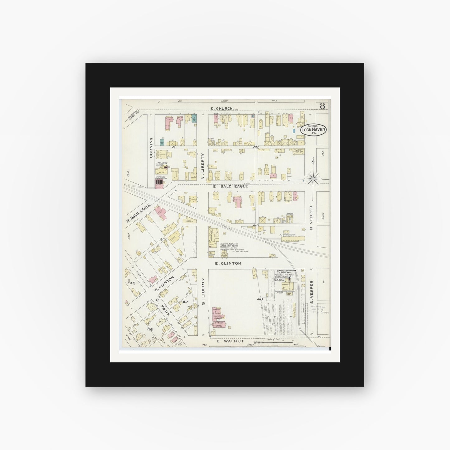 Old map wall art mockup — black gallery frame with white mat — Sanborn Fire Insurance Map from Lock Haven, Clinton County, Pennsylvania (1891), Sheet #0008