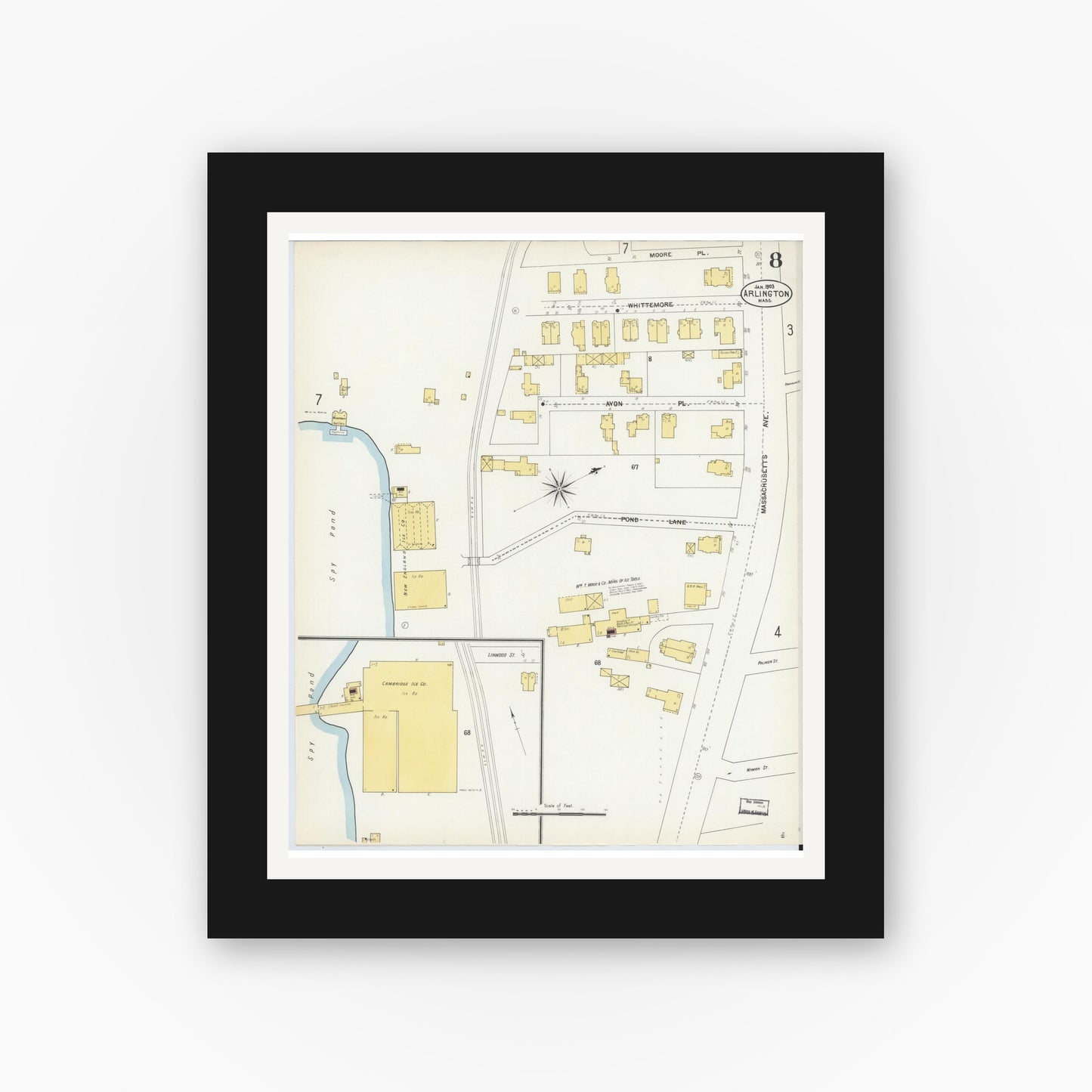 Old map wall art mockup — black gallery frame with white mat — Sanborn Fire Insurance Map from Arlington, Middlesex County, Massachusetts (1903), Sheet #0008