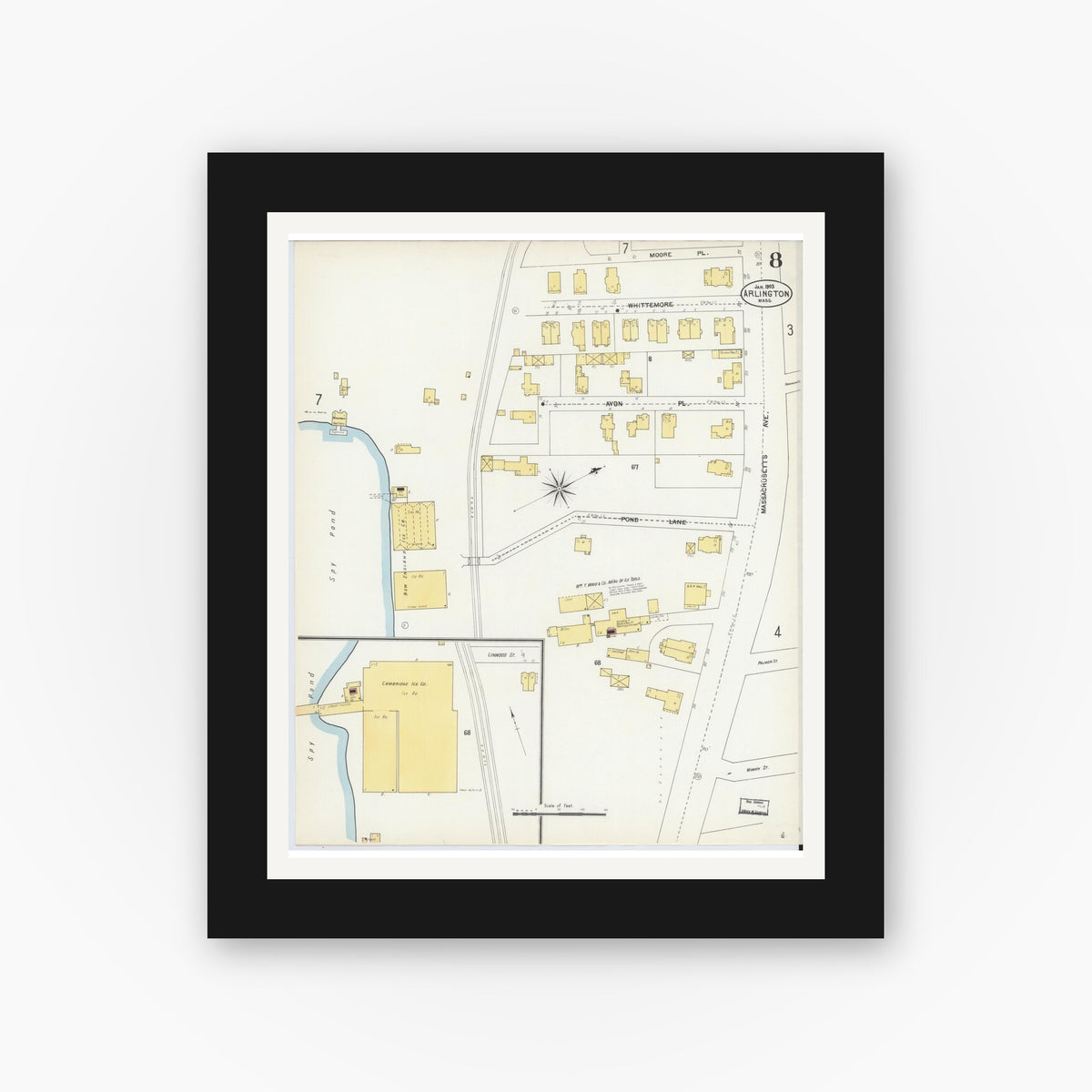 Old map wall art mockup — black gallery frame with white mat — Sanborn Fire Insurance Map from Arlington, Middlesex County, Massachusetts (1903), Sheet #0008