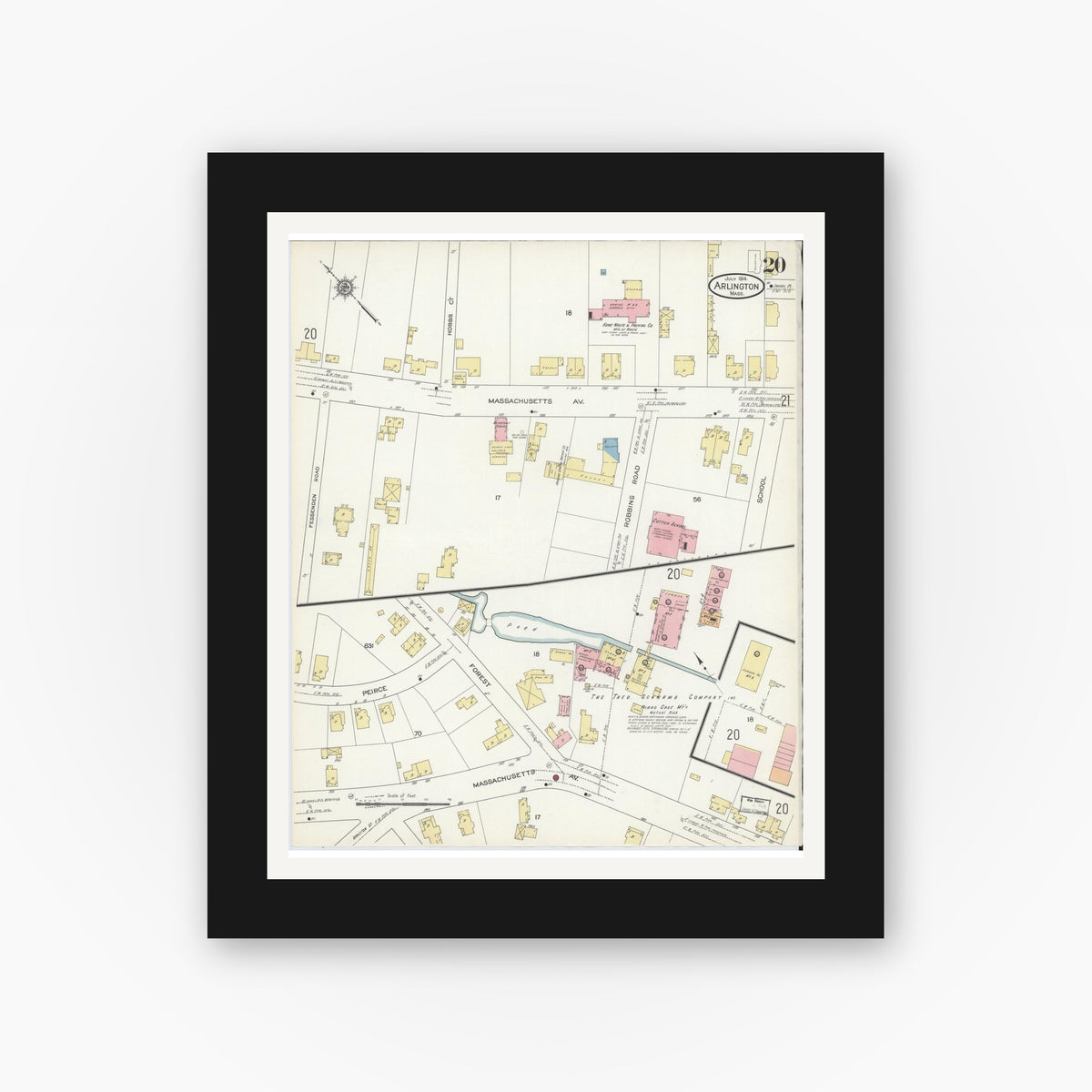 Old map wall art mockup — black gallery frame with white mat — Sanborn Fire Insurance Map from Arlington, Middlesex County, Massachusetts (1914), Sheet #0020