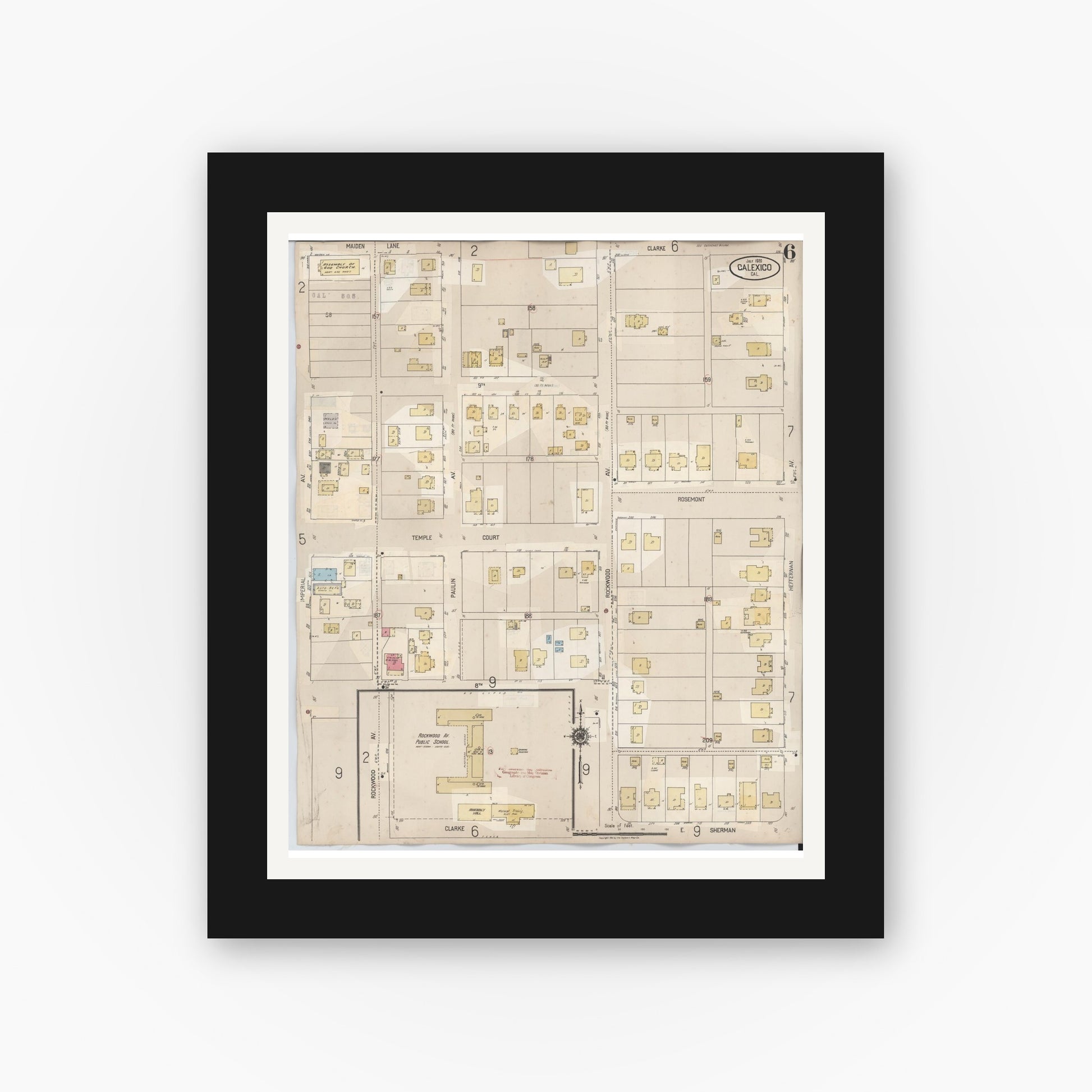 Old map wall art mockup — black gallery frame with white mat — Sanborn Fire Insurance Map from Calexico, Imperial County, California (1949), Sheet #0006