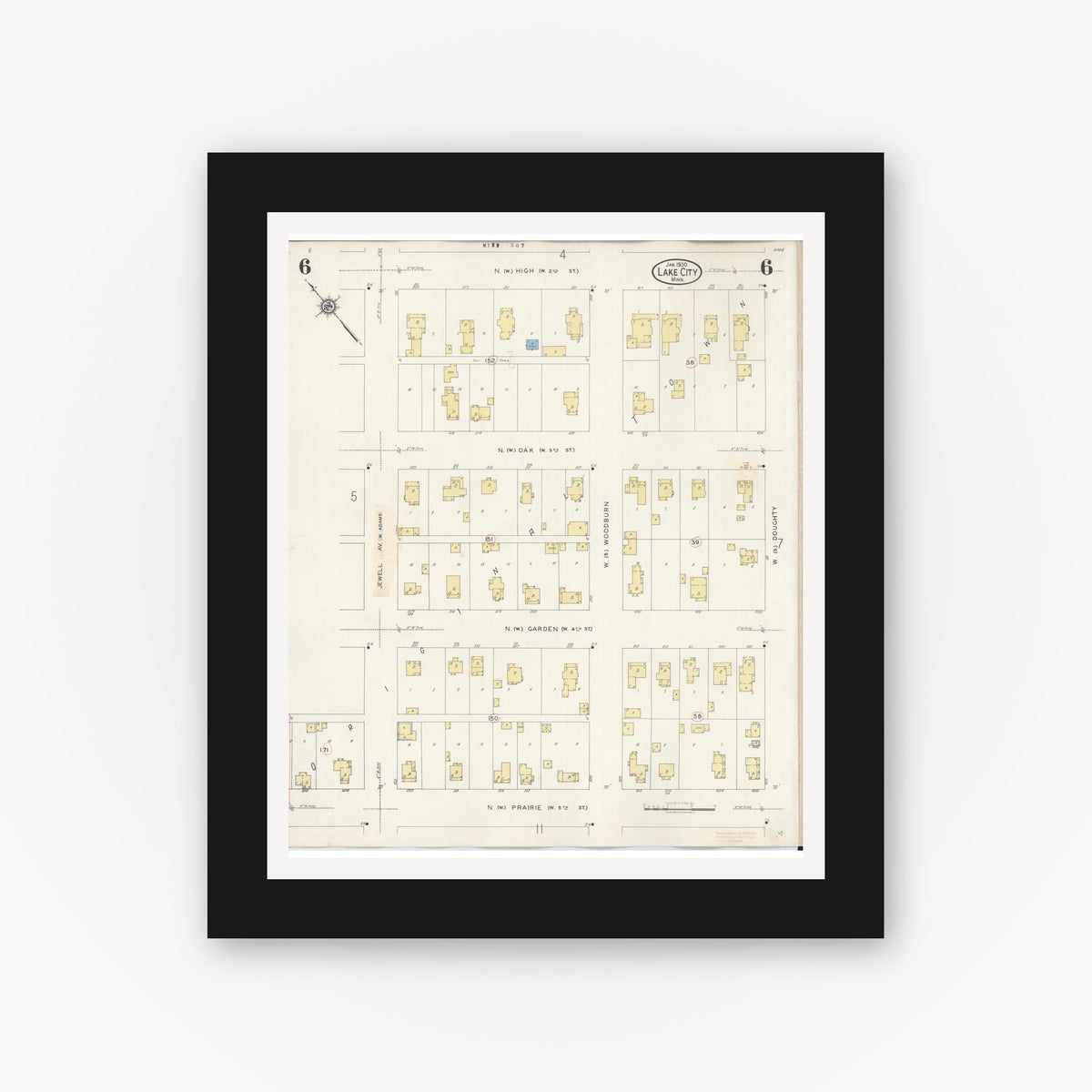 Old map wall art mockup — black gallery frame with white mat — Sanborn Fire Insurance Map from Lake City, Wabasha County, Minnesota (1938), Sheet #0006
