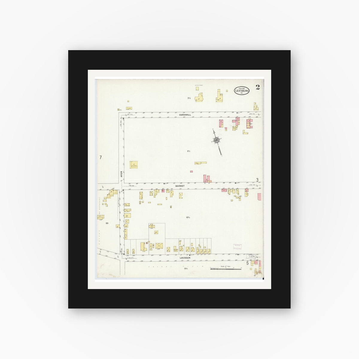 Old map wall art mockup — black gallery frame with white mat — Sanborn Fire Insurance Map from Leesburg, Loudoun County, Virginia (1912), Sheet #0002