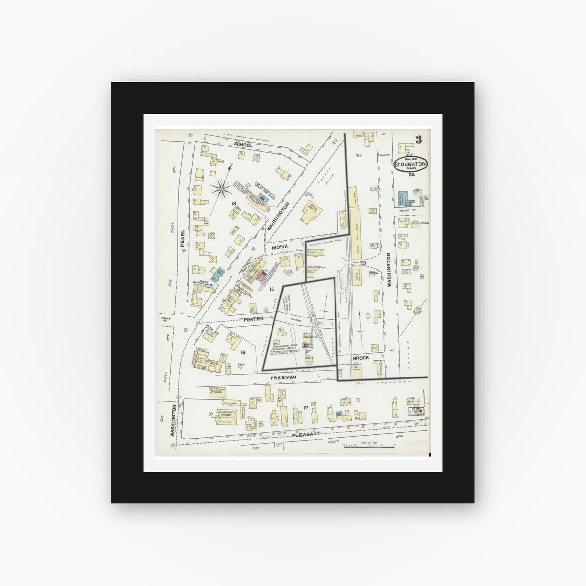 Old map wall art mockup — black gallery frame with white mat — Sanborn Fire Insurance Map from Stoughton, Norfolk County, Massachusetts (1891), Sheet #0003