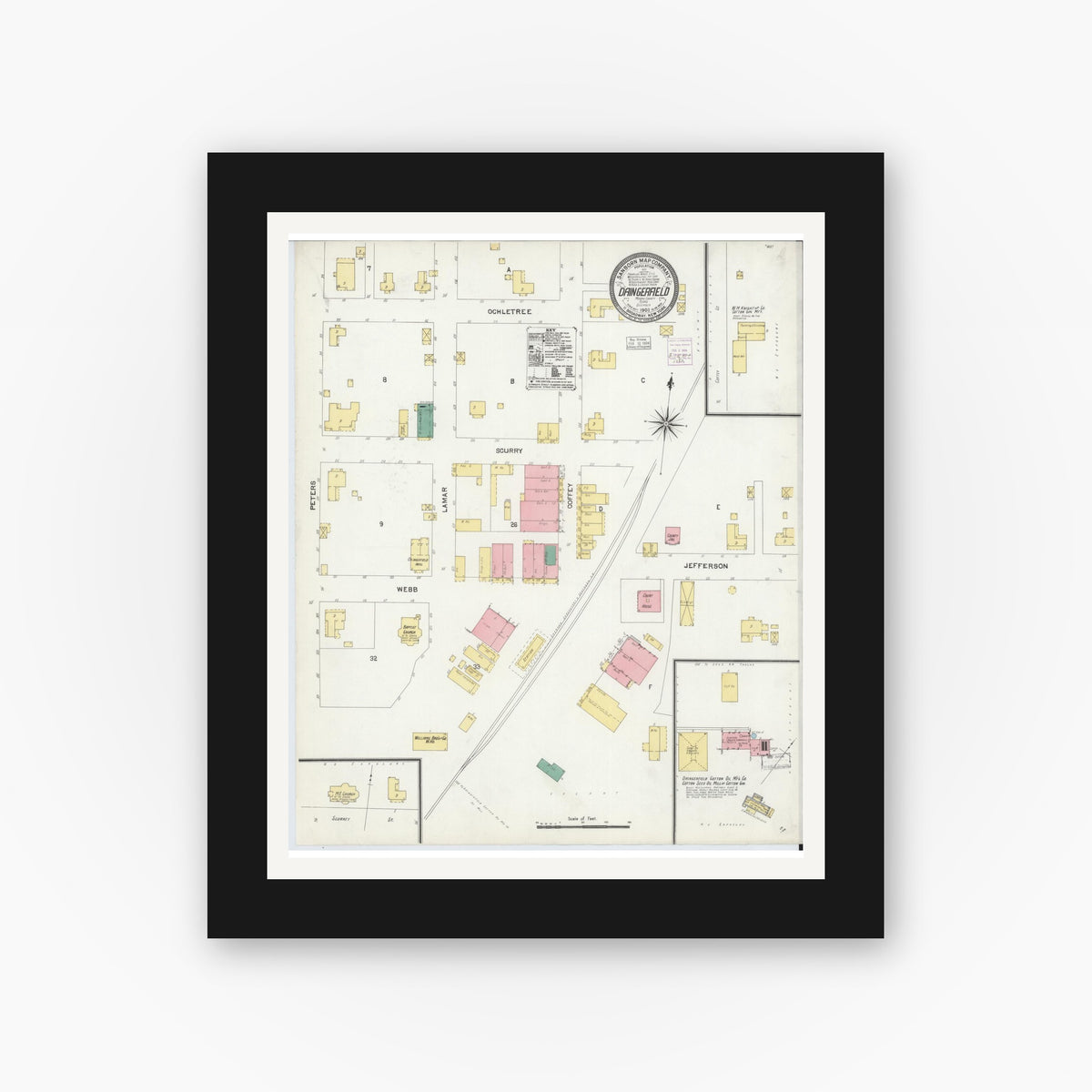 Old map wall art mockup — black gallery frame with white mat — Sanborn Fire Insurance Map from Daingerfield, Morris County, Texas (1903), Sheet #0001