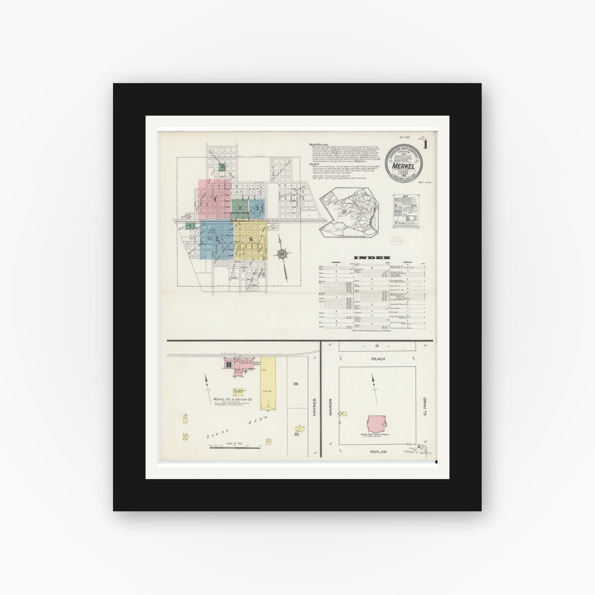 Old map wall art mockup — black gallery frame with white mat — Sanborn Fire Insurance Map from Merkel, Taylor County, Texas (1914), Sheet #0001