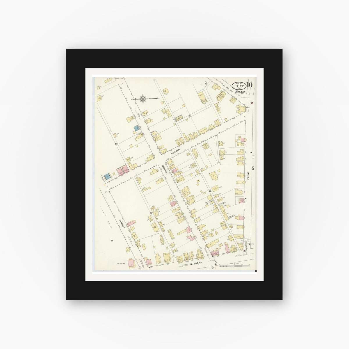 Old map wall art mockup — black gallery frame with white mat — Sanborn Fire Insurance Map from Lititz, Lancaster County, Pennsylvania (1912), Sheet #0010