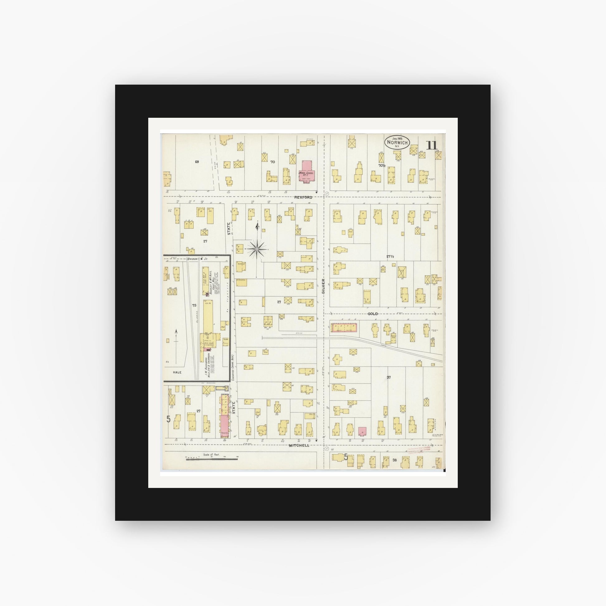 Old map wall art mockup — black gallery frame with white mat — Sanborn Fire Insurance Map from Norwich, Chenango County, New York (1903), Sheet #0011