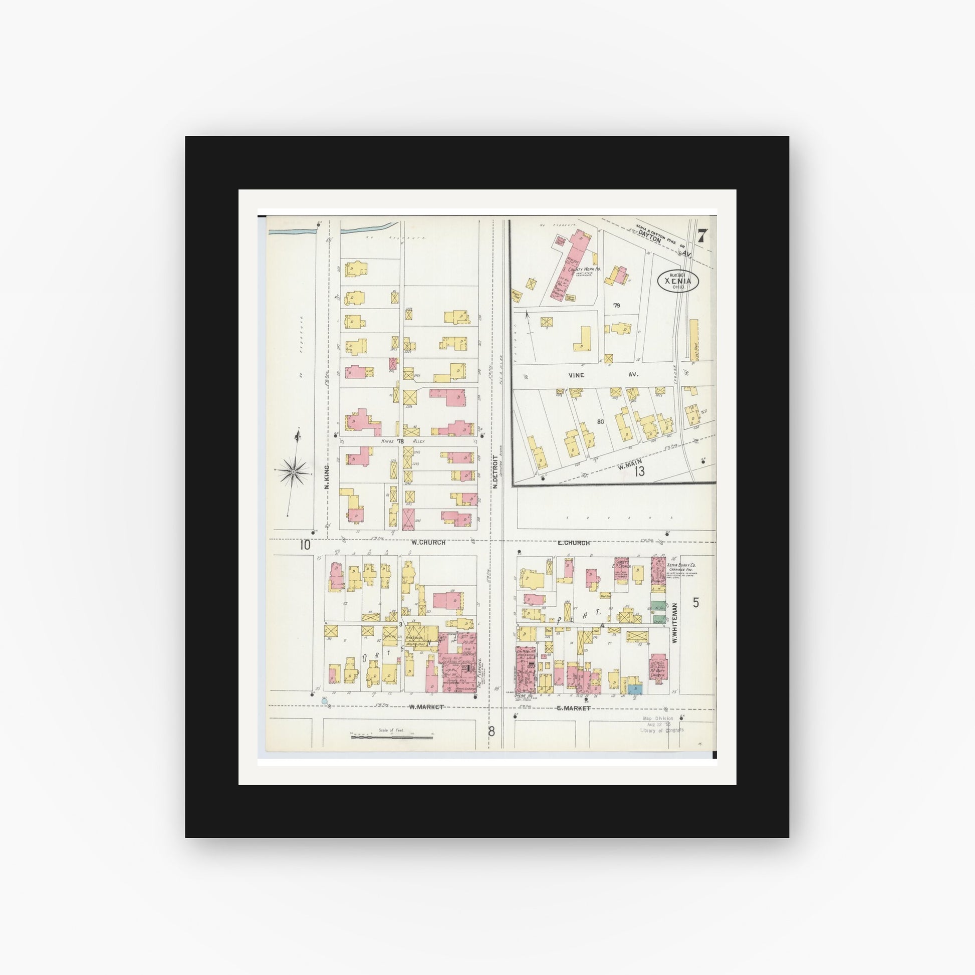 Old map wall art mockup — black gallery frame with white mat — Sanborn Fire Insurance Map from Xenia, Greene County, Ohio (1901), Sheet #0007