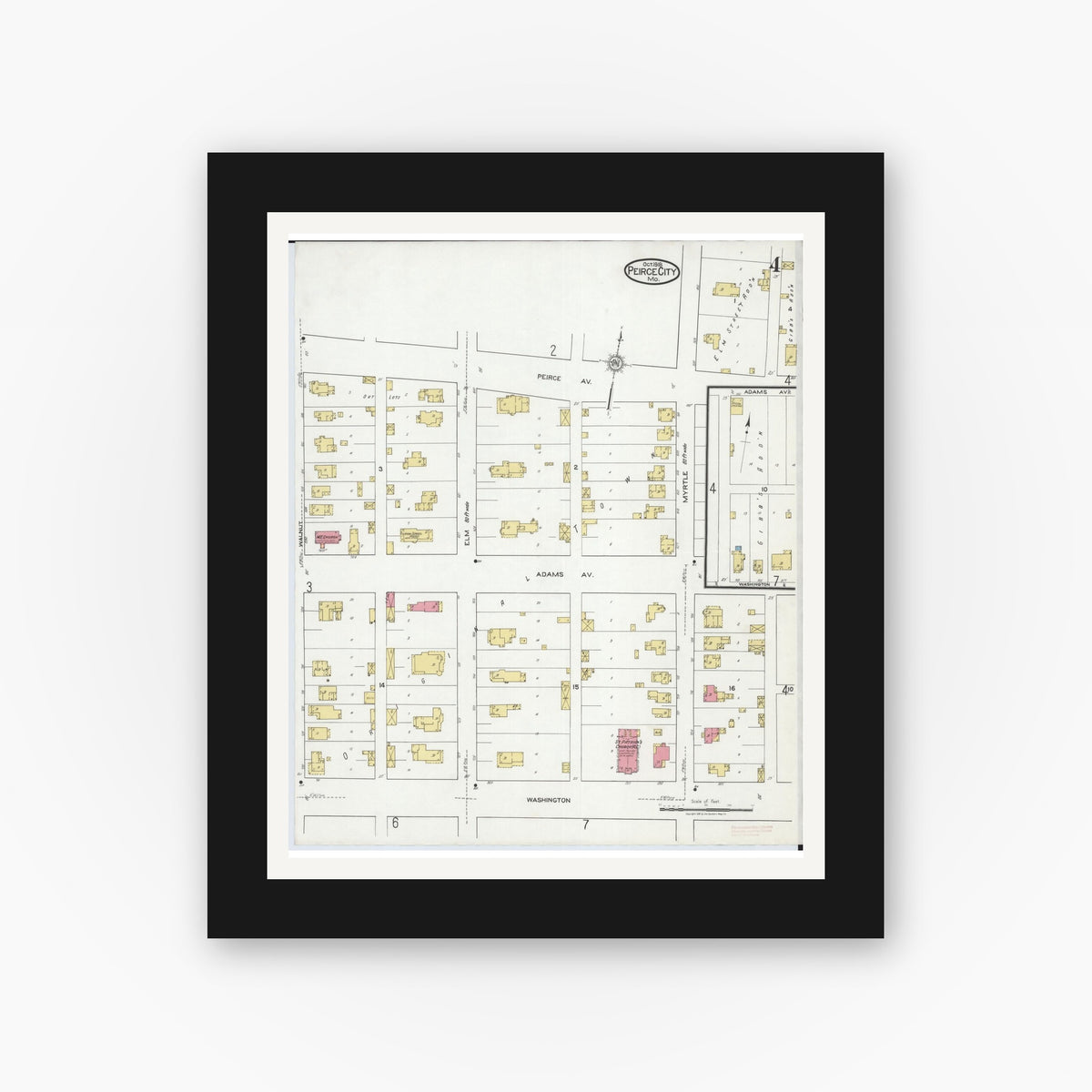 Old map wall art mockup — black gallery frame with white mat — Sanborn Fire Insurance Map from Pierce City, Lawrence County, Missouri (1918), Sheet #0004