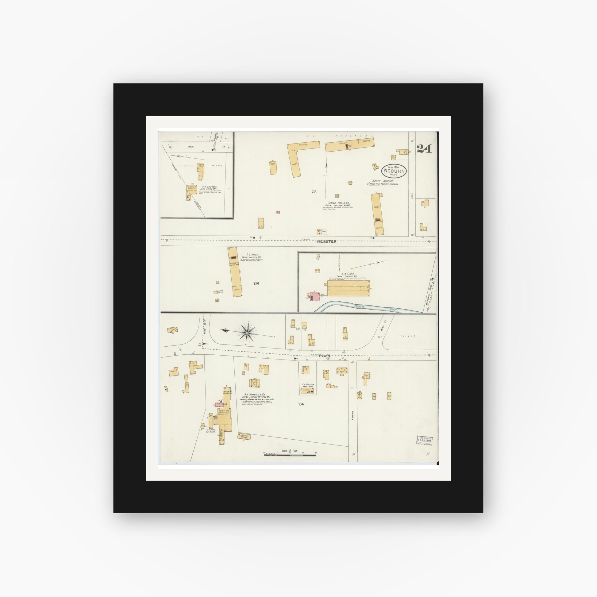 Old map wall art mockup — black gallery frame with white mat — Sanborn Fire Insurance Map from Woburn, Middlesex County, Massachusetts (1904), Sheet #0024