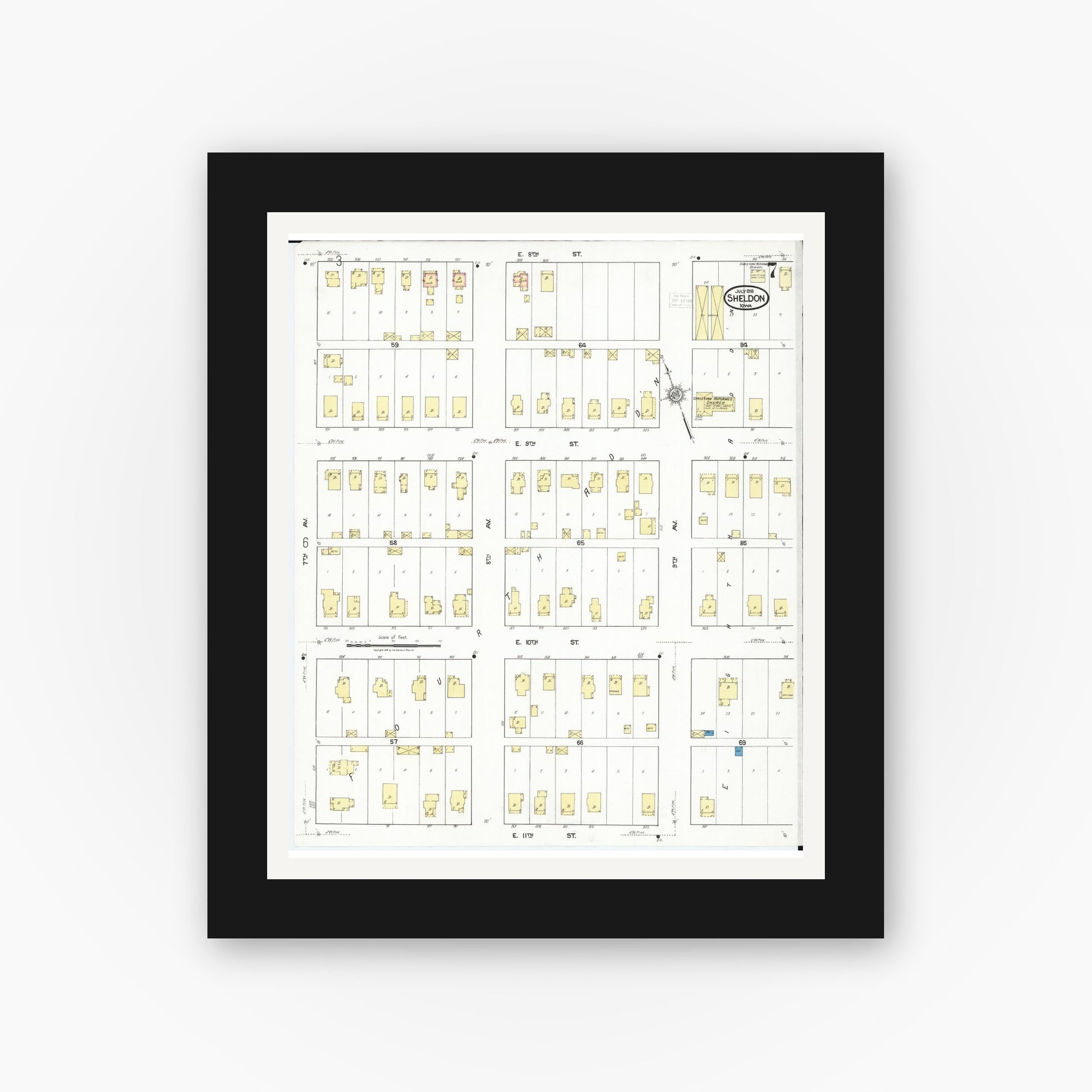 Old map wall art mockup — black gallery frame with white mat — Sanborn Fire Insurance Map from Sheldon, O'Brien County, Iowa (1918), Sheet #0007