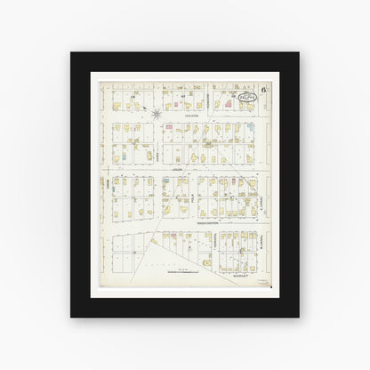 Old map wall art mockup — black gallery frame with white mat — Sanborn Fire Insurance Map from Delphi, Carroll County, Indiana (1893), Sheet #0006