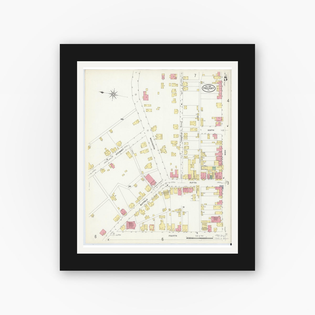 Old map wall art mockup — black gallery frame with white mat — Sanborn Fire Insurance Map from Freeport, Armstrong County, Pennsylvania (1908), Sheet #0005