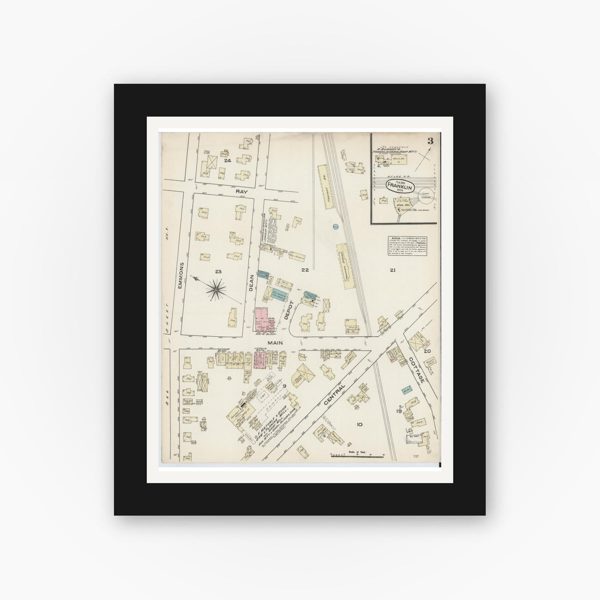 Old map wall art mockup — black gallery frame with white mat — Sanborn Fire Insurance Map from Franklin, Norfolk County, Massachusetts (1884), Sheet #0003