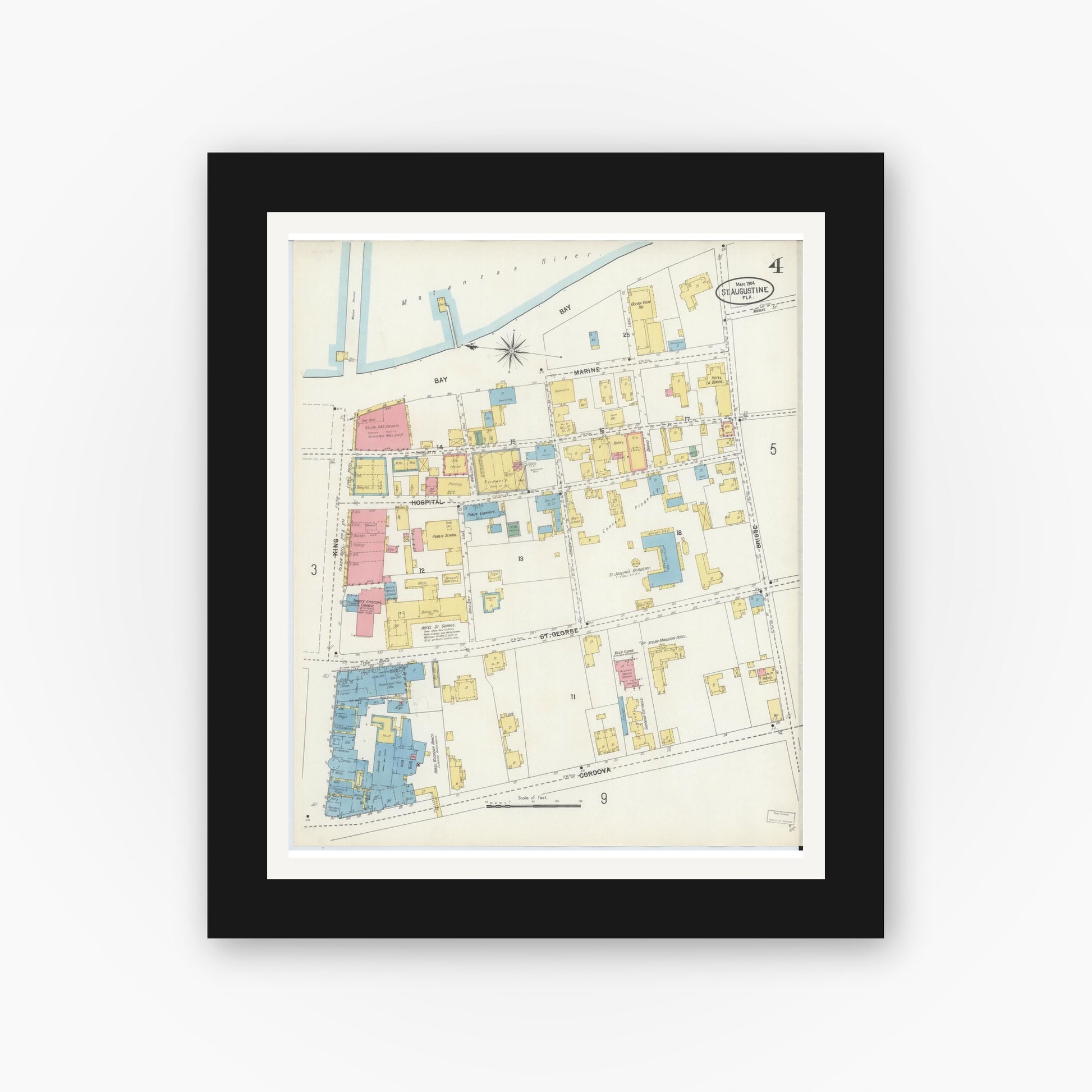 Old map wall art mockup — black gallery frame with white mat — Sanborn Fire Insurance Map from Saint Augustine, Saint John's County, Florida (1904), Sheet #0004