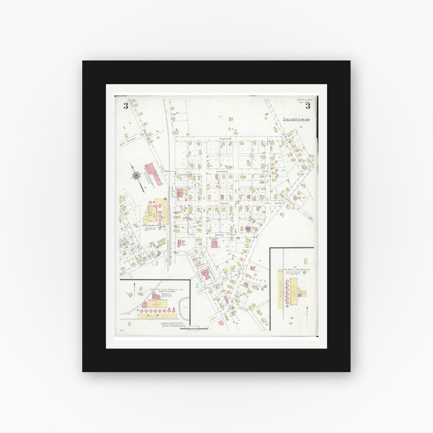 Old map wall art mockup — black gallery frame with white mat — Sanborn Fire Insurance Map from Oak Hill, Jackson County, Ohio (1940), Sheet #0003