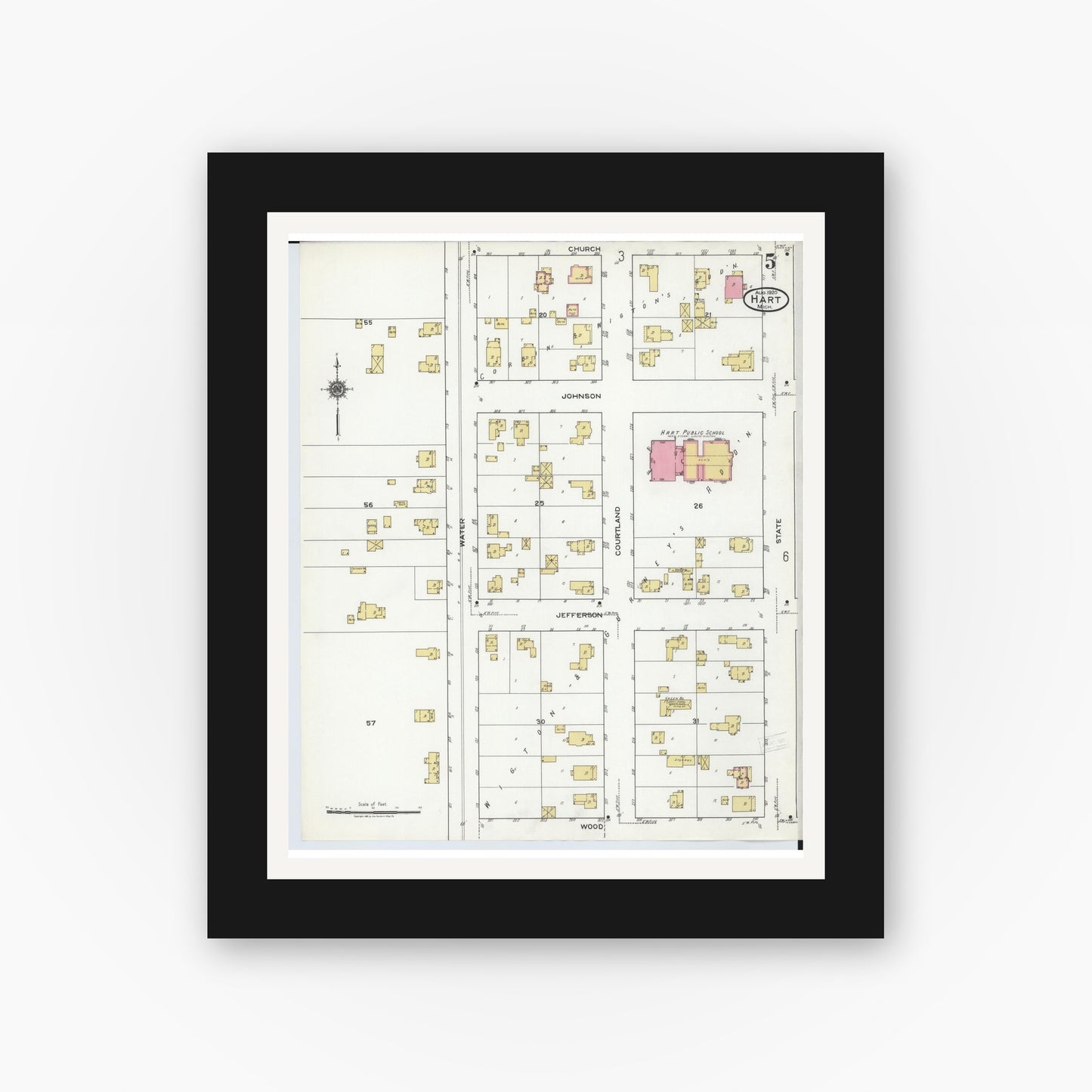 Old map wall art mockup — black gallery frame with white mat — Sanborn Fire Insurance Map from Hart, Oceana County, Michigan (1920), Sheet #0005