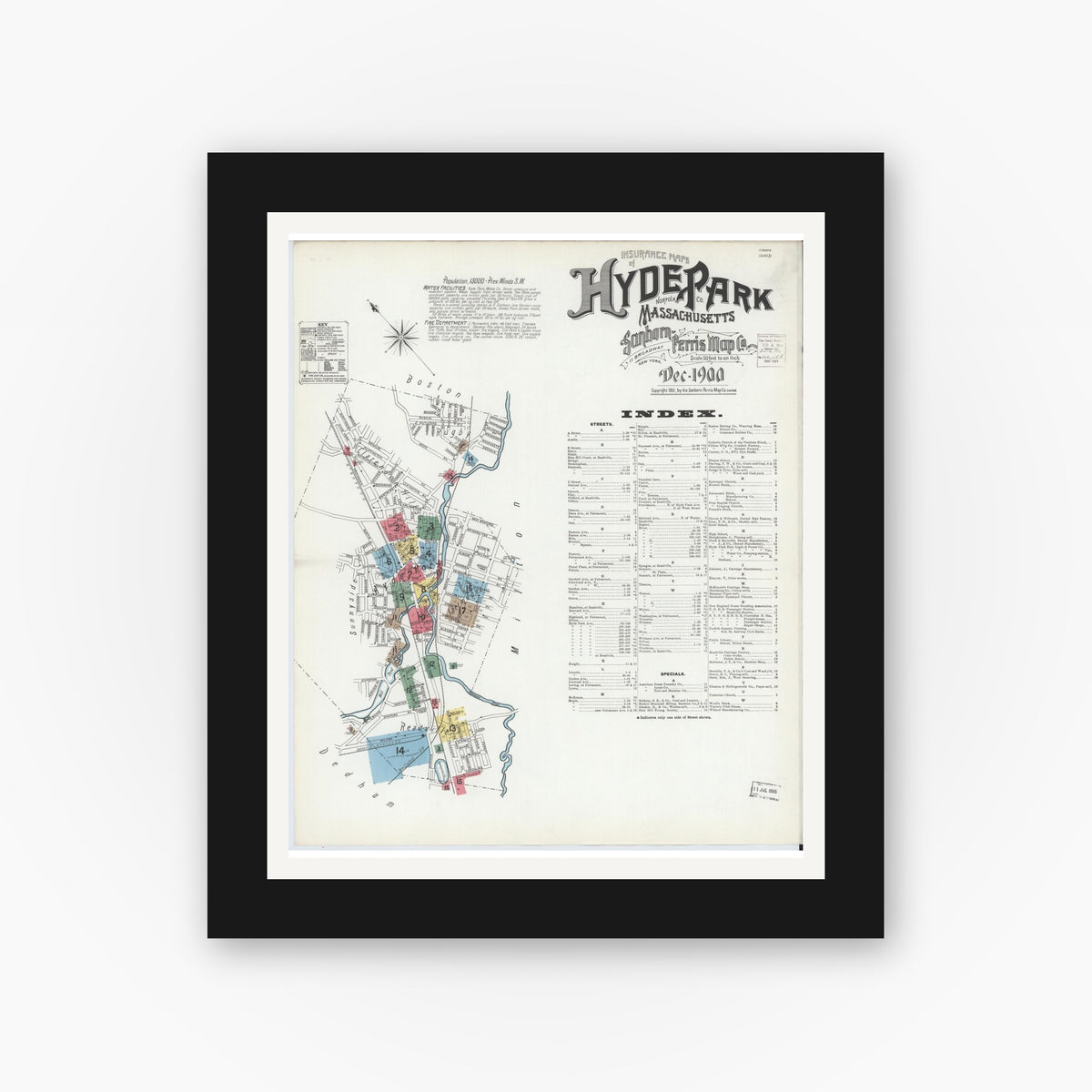 Old map wall art mockup — black gallery frame with white mat — Sanborn Fire Insurance Map from Hyde Park, Norfolk County, Massachusetts (1900) - Complete Map Set