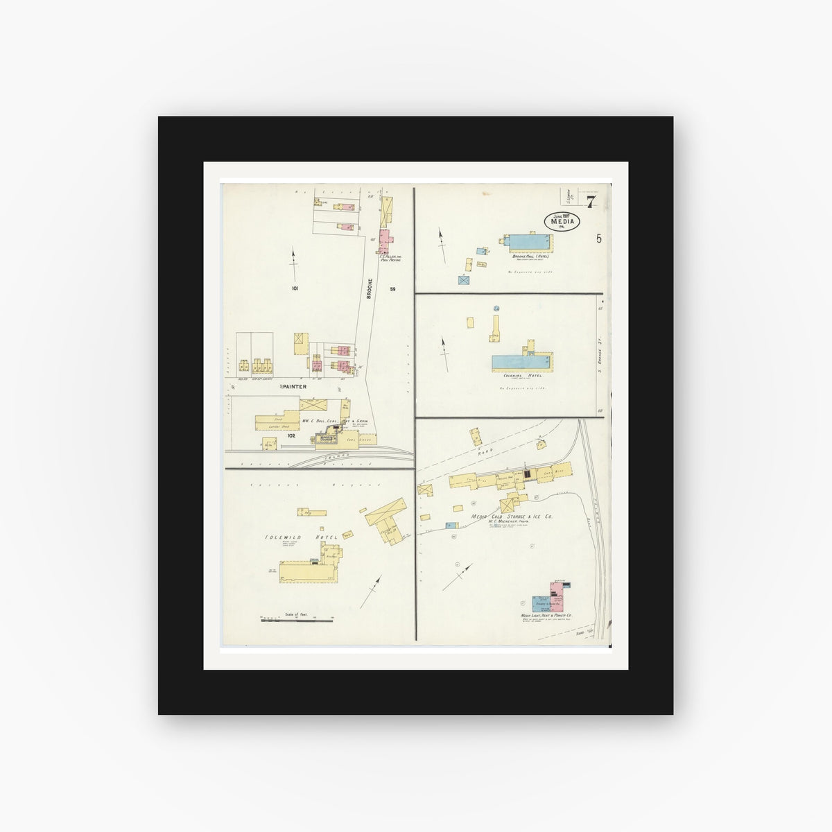 Old map wall art mockup — black gallery frame with white mat — Sanborn Fire Insurance Map from Media, Delaware County, Pennsylvania (1907), Sheet #0007