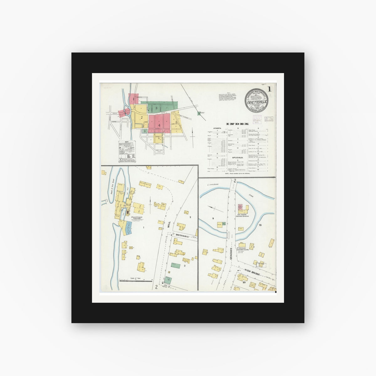 Old map wall art mockup — black gallery frame with white mat — Sanborn Fire Insurance Map from Fayetteville, Onondaga County, New York (1904), Sheet #0001