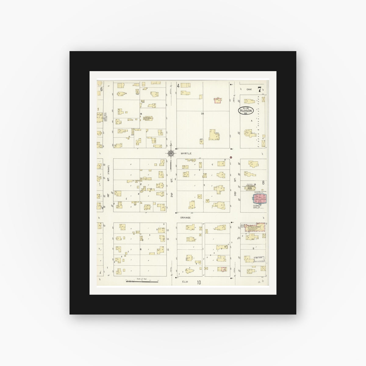 Old map wall art mockup — black gallery frame with white mat — Sanborn Fire Insurance Map from Hudson, St. Croix County, Wisconsin (1912), Sheet #0007