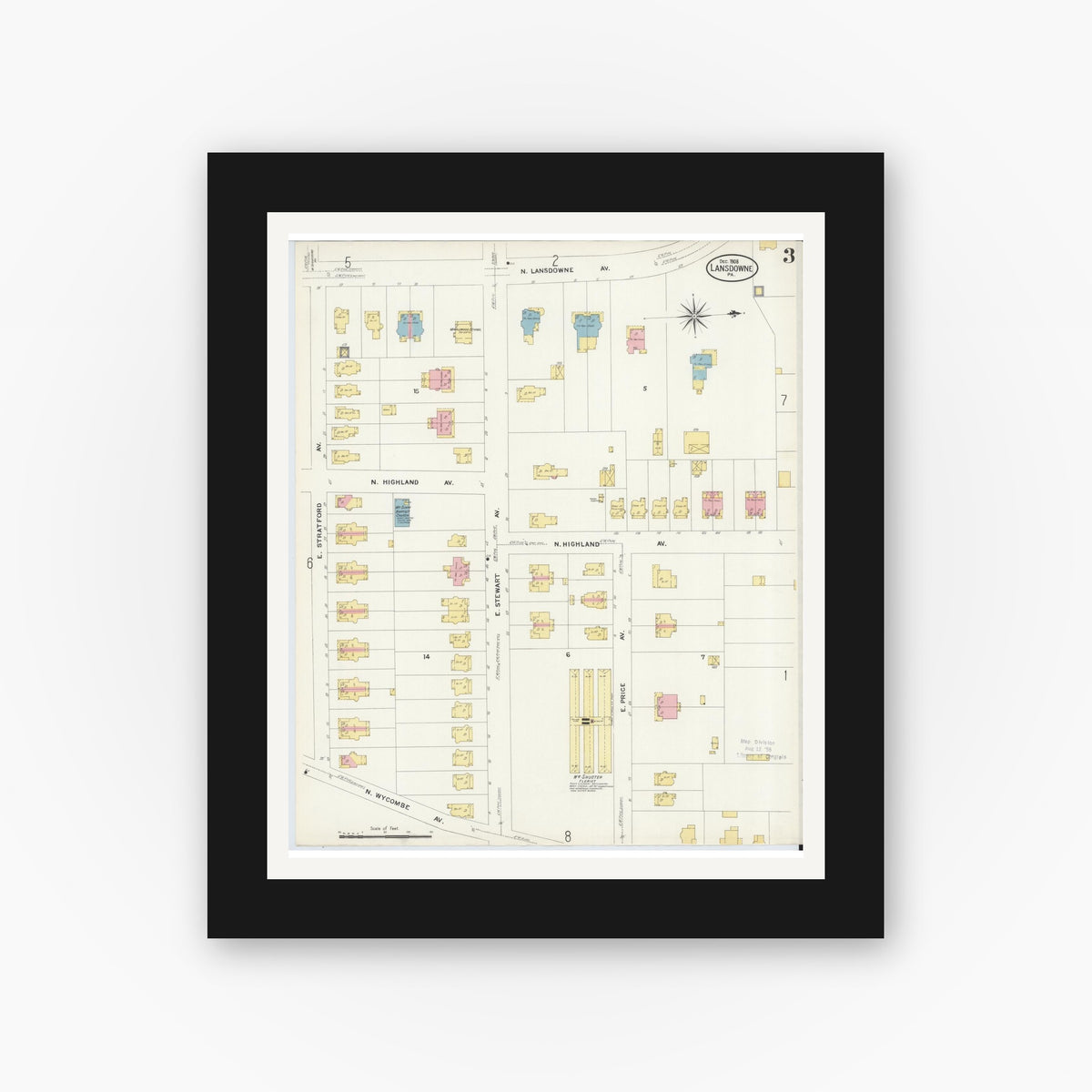Old map wall art mockup — black gallery frame with white mat — Sanborn Fire Insurance Map from Lansdowne, Delaware County, Pennsylvania (1908), Sheet #0003