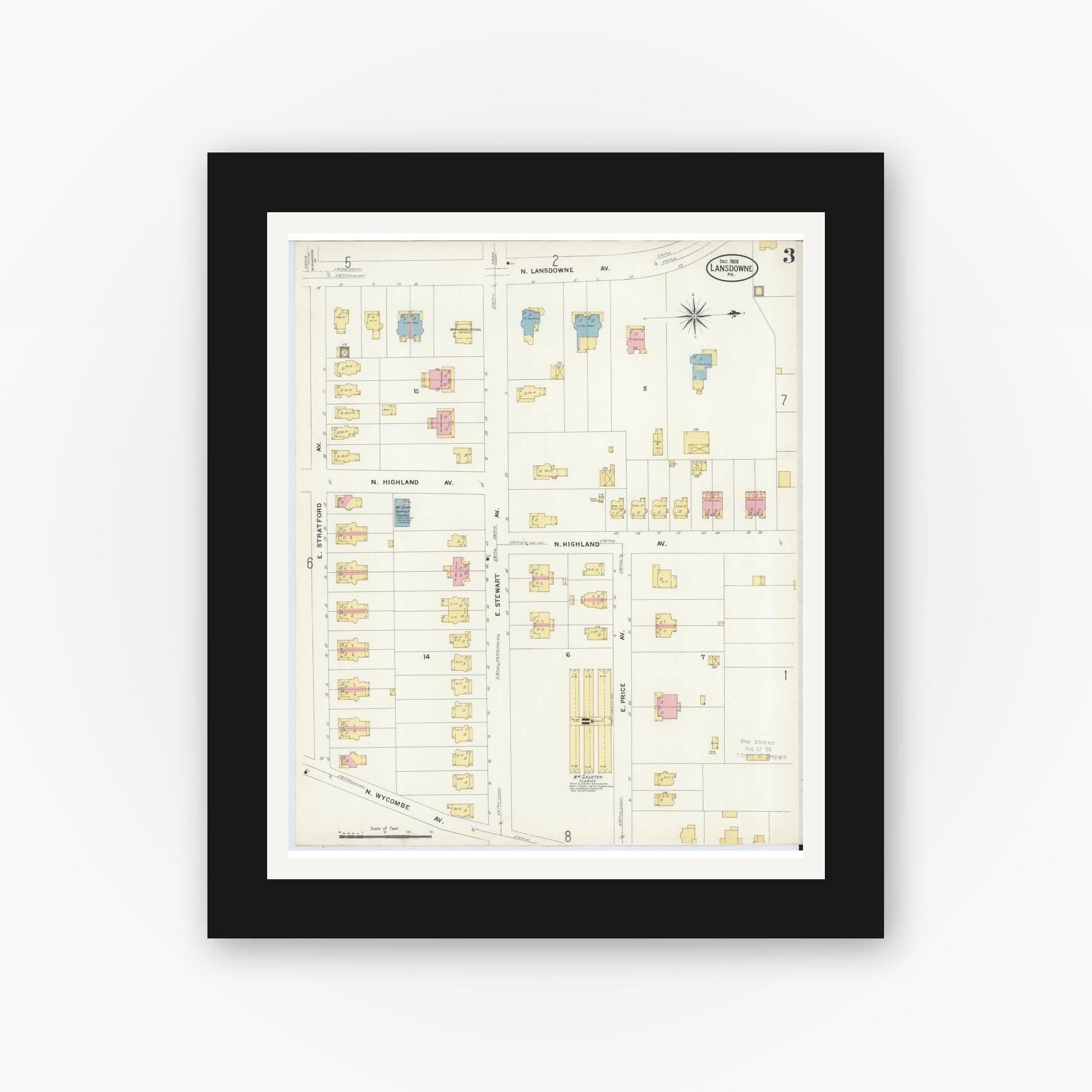 Old map wall art mockup — black gallery frame with white mat — Sanborn Fire Insurance Map from Lansdowne, Delaware County, Pennsylvania (1908), Sheet #0003