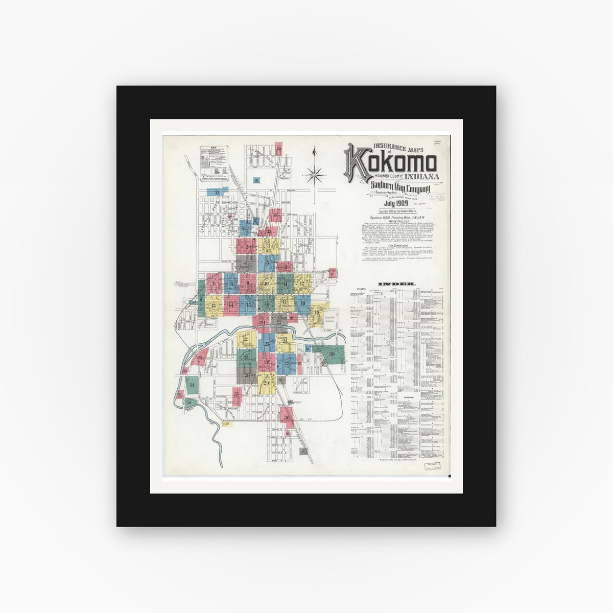 Old map wall art mockup — black gallery frame with white mat — Sanborn Fire Insurance Map from Kokomo, Howard County, Indiana (1909) - Complete Map Set