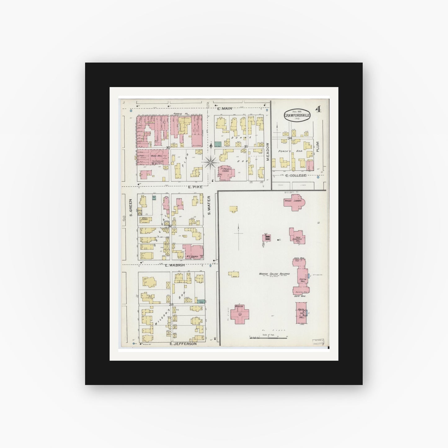 Old map wall art mockup — black gallery frame with white mat — Sanborn Fire Insurance Map from Crawfordsville, Montgomery County, Indiana (1887), Sheet #0004