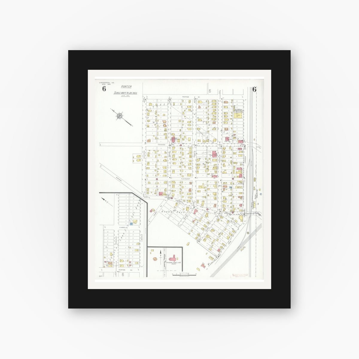 Old map wall art mockup — black gallery frame with white mat — Sanborn Fire Insurance Map from Chesterton, Porter County, Indiana (1935), Sheet #0006