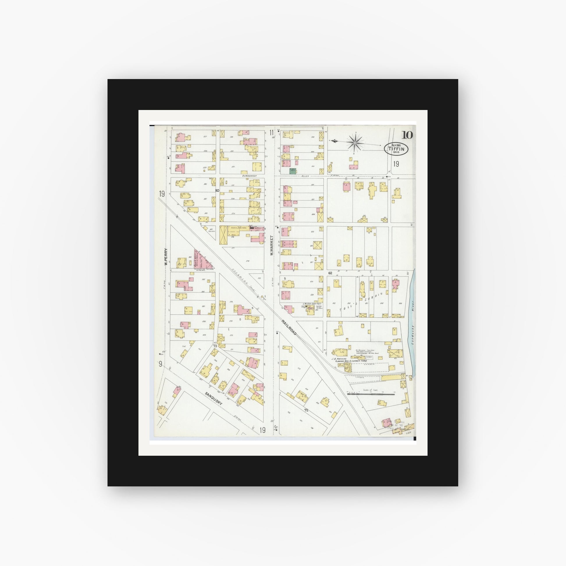 Old map wall art mockup — black gallery frame with white mat — Sanborn Fire Insurance Map from Tiffin, Seneca County, Ohio (1901), Sheet #0010