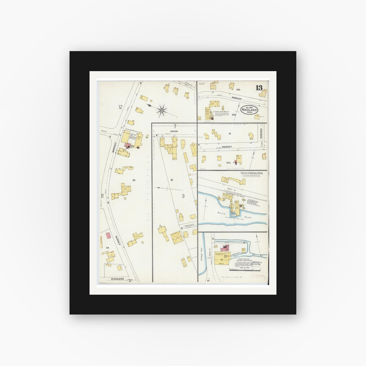 Old map wall art mockup — black gallery frame with white mat — Sanborn Fire Insurance Map from Rockland, Plymouth County, Massachusetts (1906), Sheet #0013