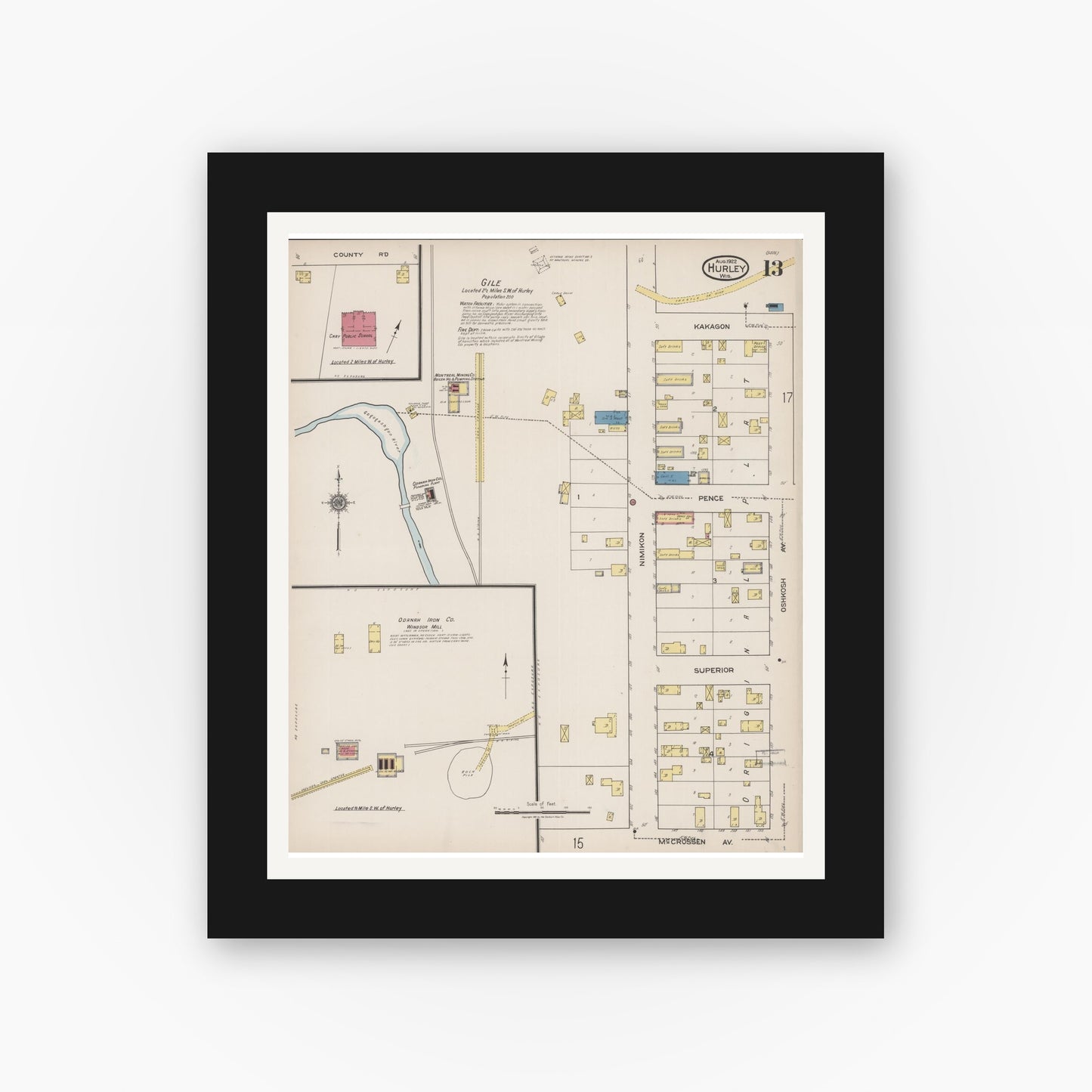 Old map wall art mockup — black gallery frame with white mat — Sanborn Fire Insurance Map from Hurley, Iron County, Wisconsin (1922), Sheet #0013