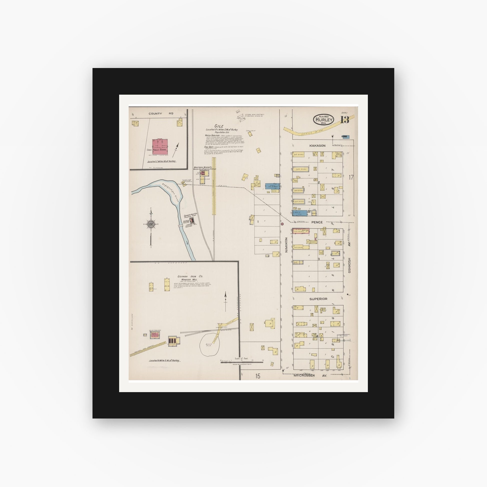 Old map wall art mockup — black gallery frame with white mat — Sanborn Fire Insurance Map from Hurley, Iron County, Wisconsin (1922), Sheet #0013