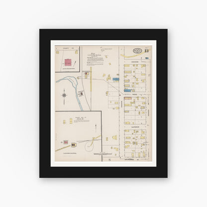 Old map wall art mockup — black gallery frame with white mat — Sanborn Fire Insurance Map from Hurley, Iron County, Wisconsin (1922), Sheet #0013