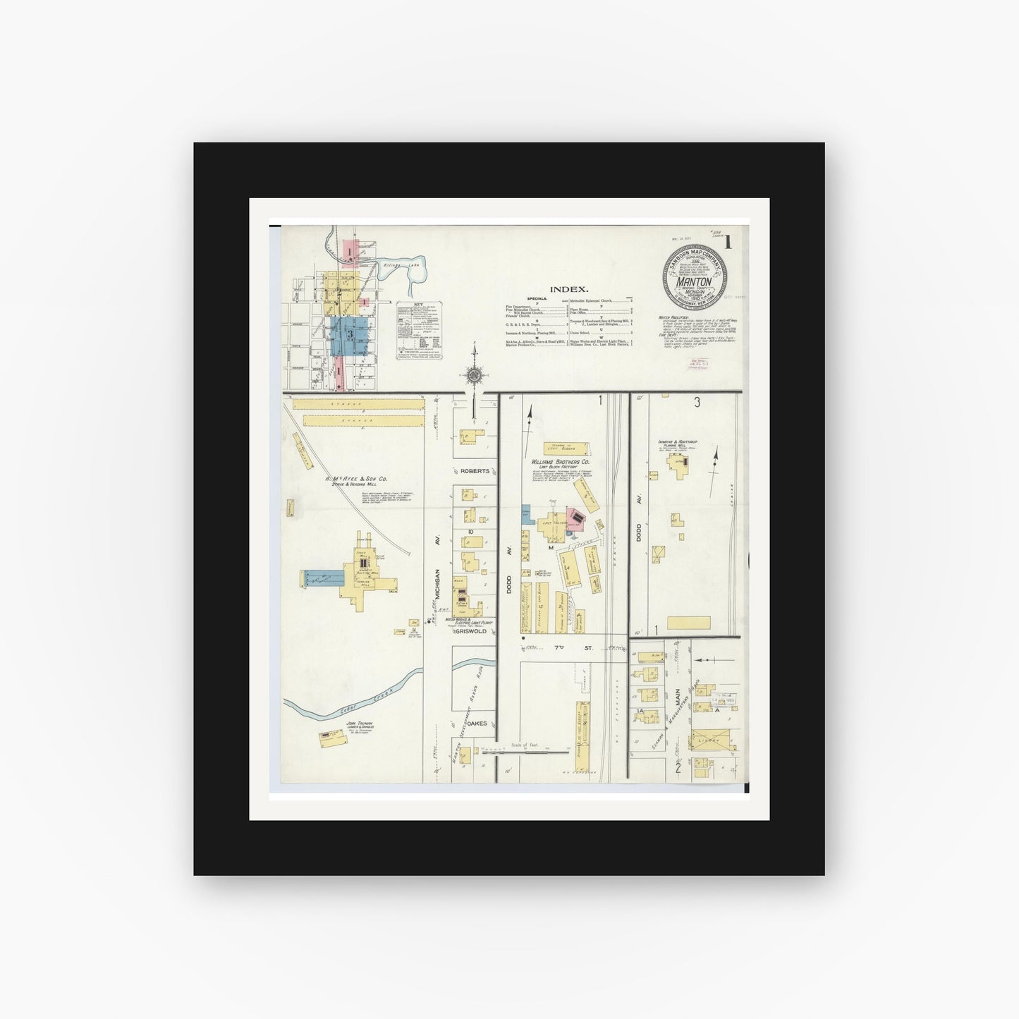 Old map wall art mockup — black gallery frame with white mat — Sanborn Fire Insurance Map from Manton, Wexford County, Michigan (1910) - Complete Map Set