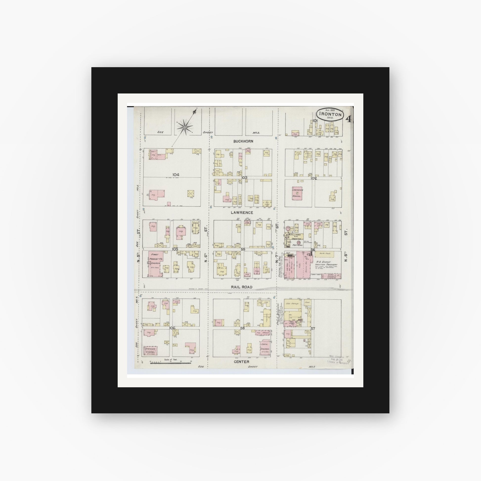 Old map wall art mockup — black gallery frame with white mat — Sanborn Fire Insurance Map from Ironton, Lawrence County, Ohio (1889), Sheet #0004