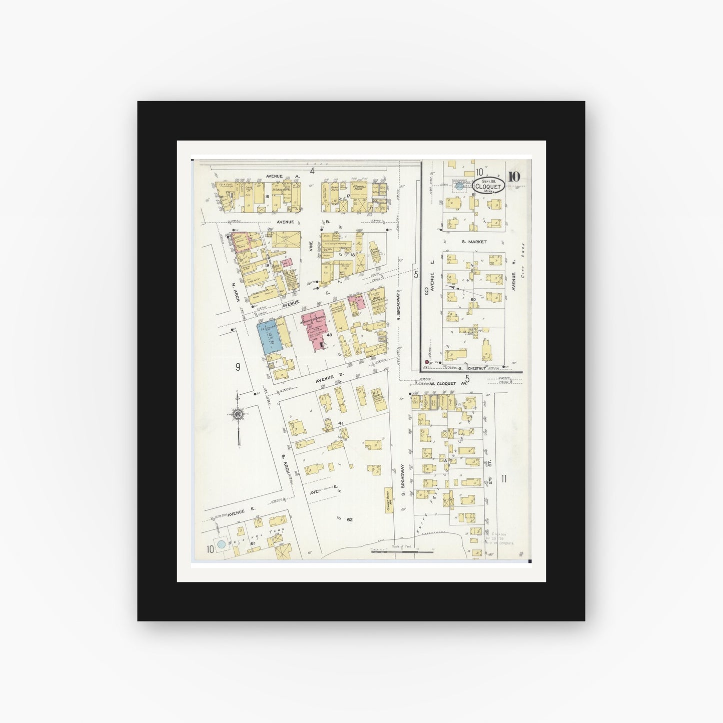Old map wall art mockup — black gallery frame with white mat — Sanborn Fire Insurance Map from Cloquet, Carlton County, Minnesota (1911), Sheet #0010