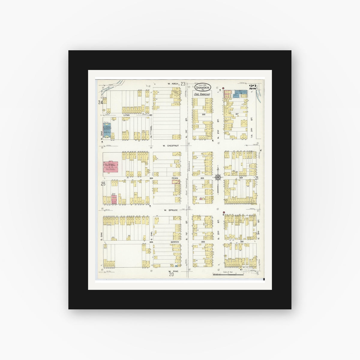 Old map wall art mockup — black gallery frame with white mat — Sanborn Fire Insurance Map from Shamokin, Northumberland County, Pennsylvania (1913), Sheet #0022
