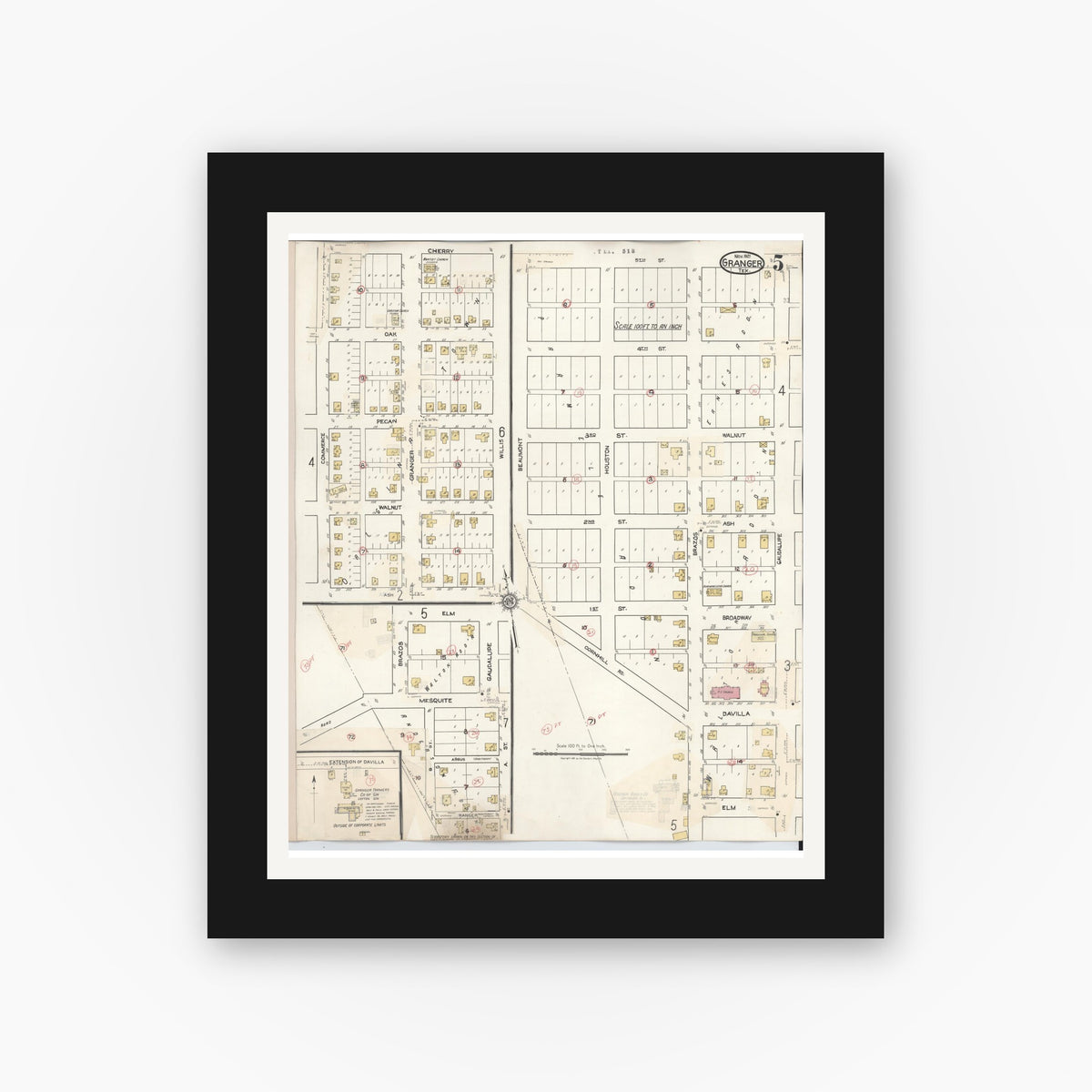 Old map wall art mockup — black gallery frame with white mat — Sanborn Fire Insurance Map from Granger, Williamson County, Texas (1940), Sheet #0005