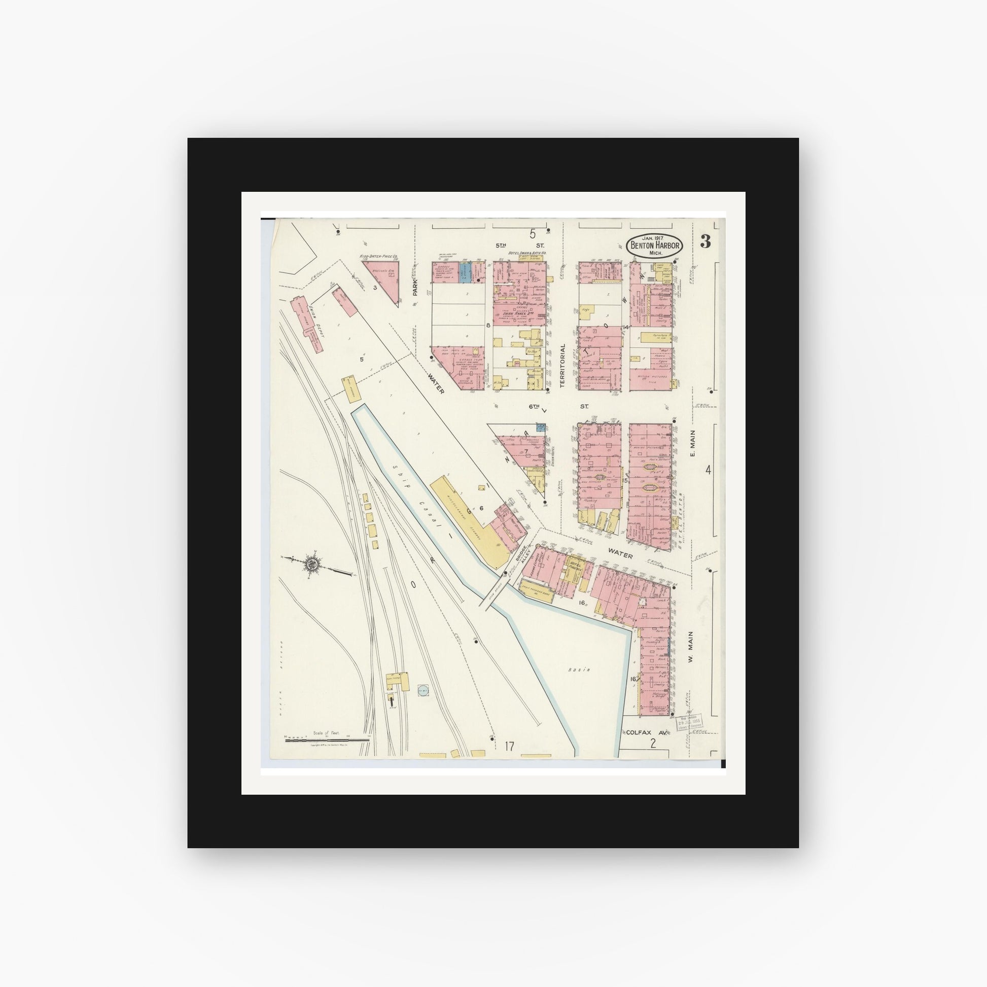 Old map wall art mockup — black gallery frame with white mat — Sanborn Fire Insurance Map from Benton Harbor, Berrien County, Michigan (1917), Sheet #0003