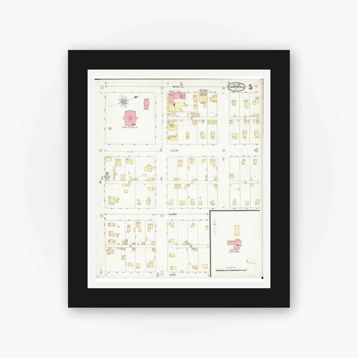 Old map wall art mockup — black gallery frame with white mat — Sanborn Fire Insurance Map from Carroll, Carroll County, Iowa (1898), Sheet #0005
