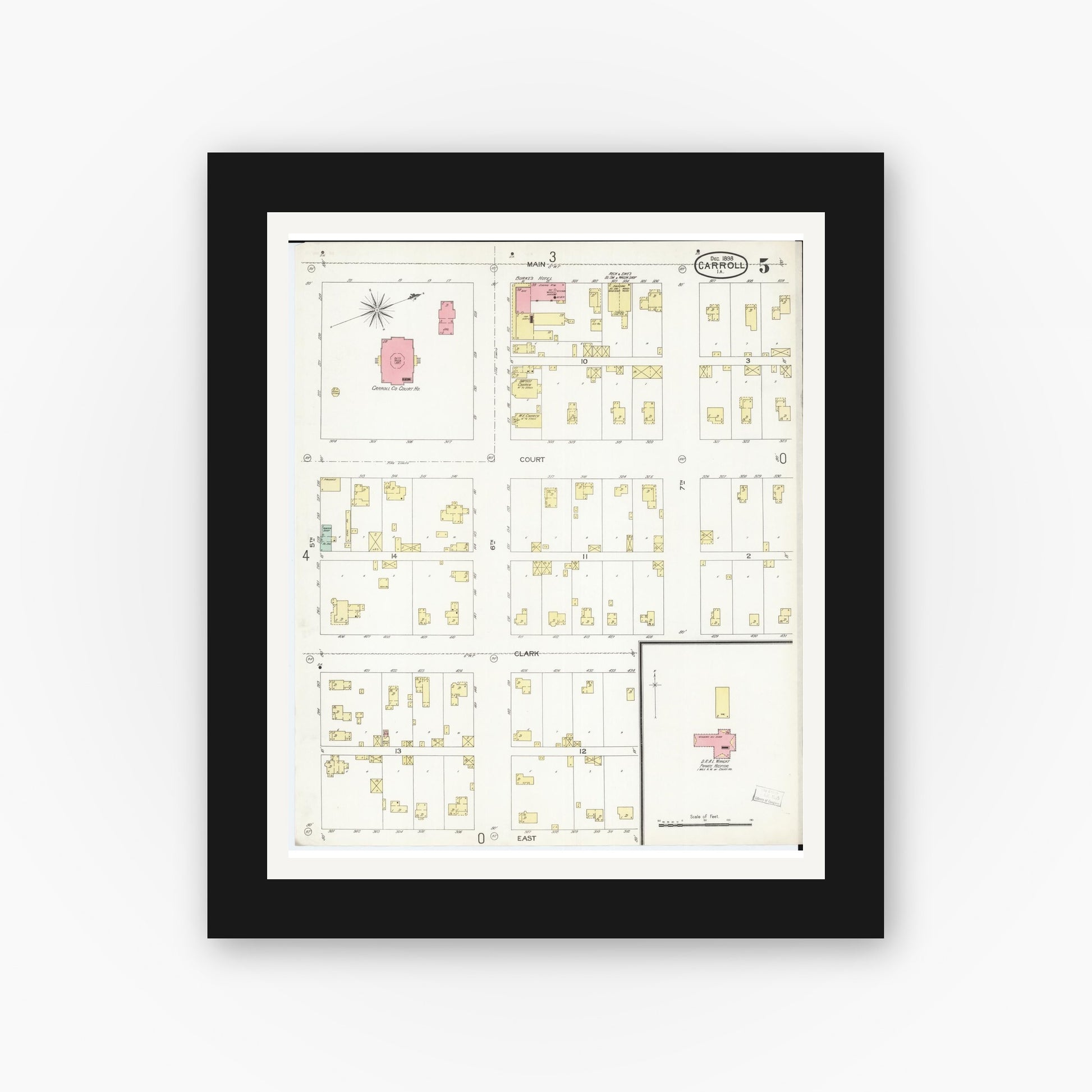 Old map wall art mockup — black gallery frame with white mat — Sanborn Fire Insurance Map from Carroll, Carroll County, Iowa (1898), Sheet #0005
