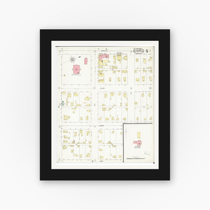 Old map wall art mockup — black gallery frame with white mat — Sanborn Fire Insurance Map from Carroll, Carroll County, Iowa (1898), Sheet #0005