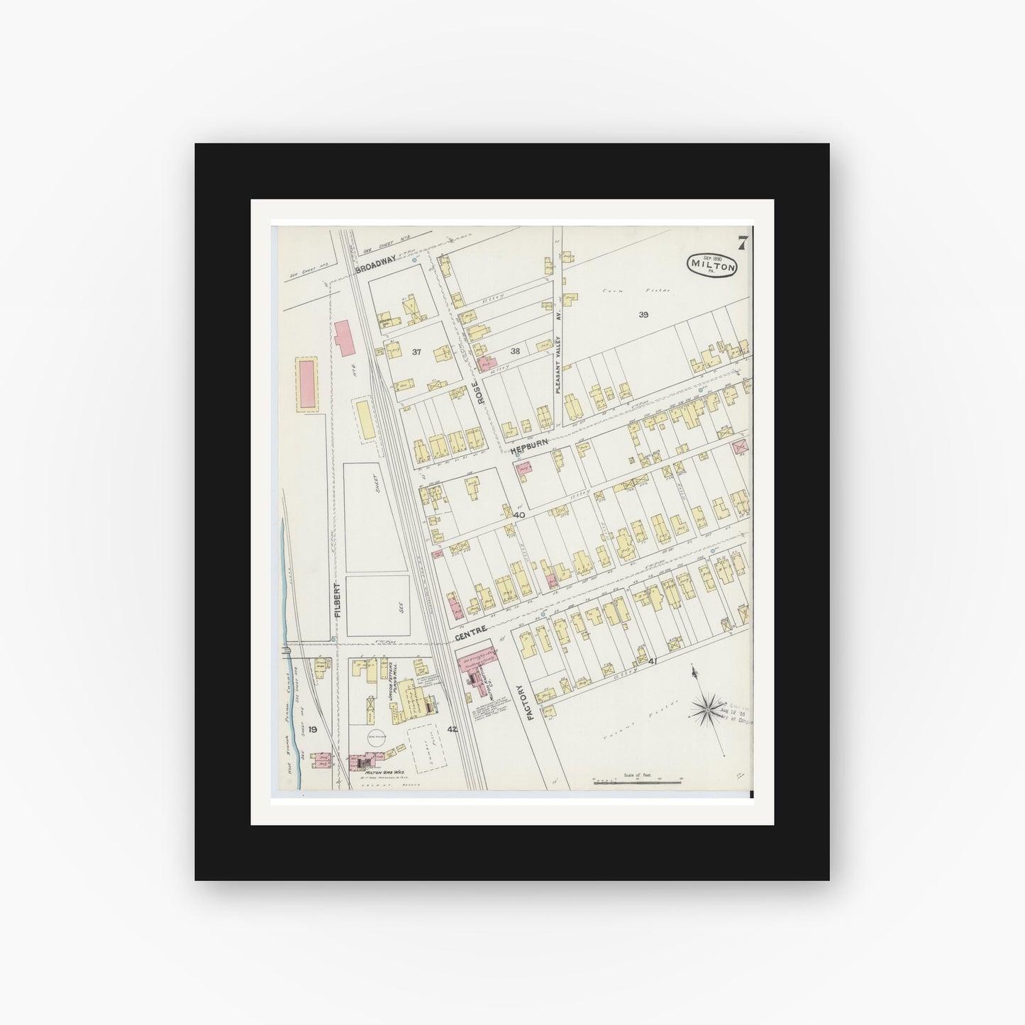 Old map wall art mockup — black gallery frame with white mat — Sanborn Fire Insurance Map from Milton, Northumberland County, Pennsylvania (1890), Sheet #0007