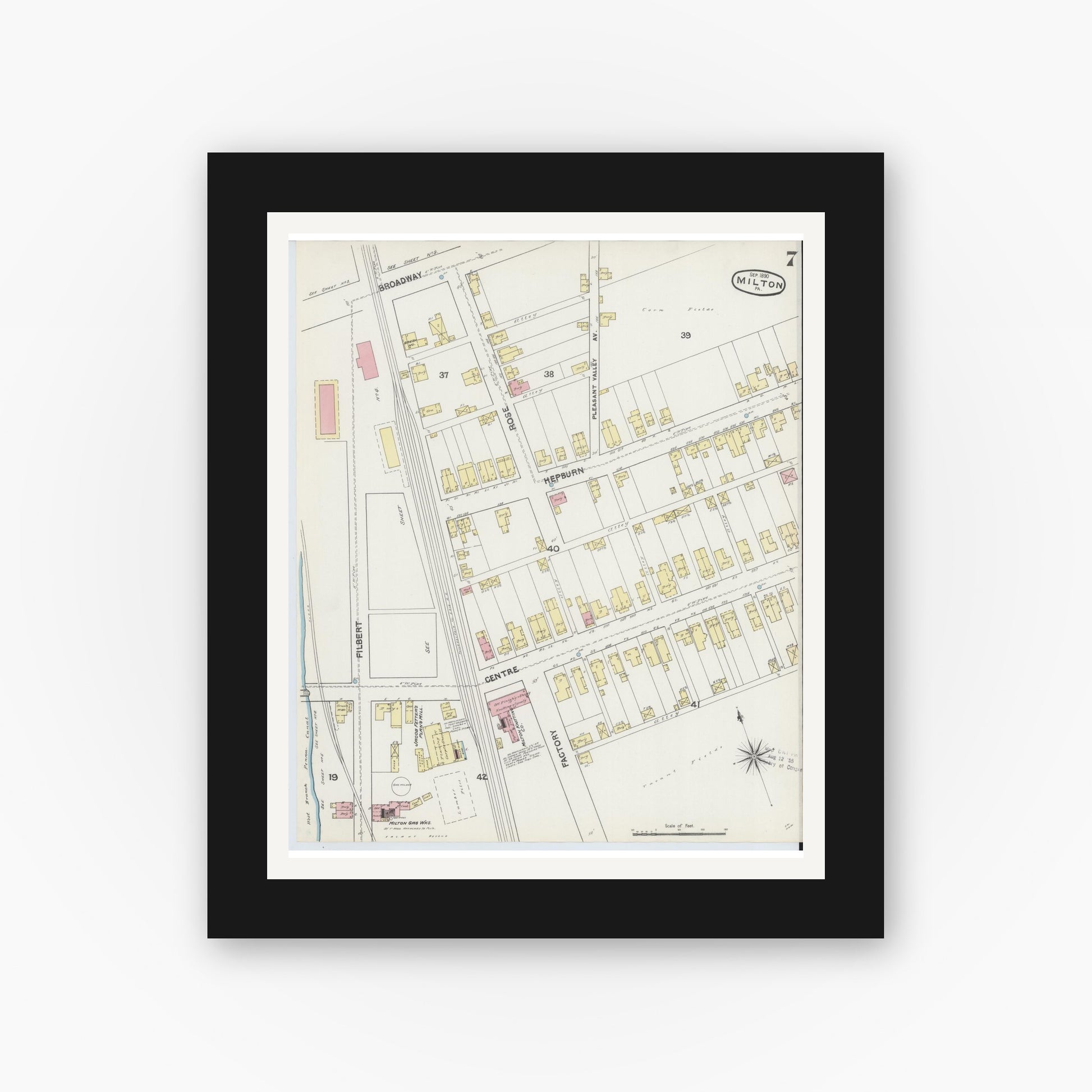 Old map wall art mockup — black gallery frame with white mat — Sanborn Fire Insurance Map from Milton, Northumberland County, Pennsylvania (1890), Sheet #0007