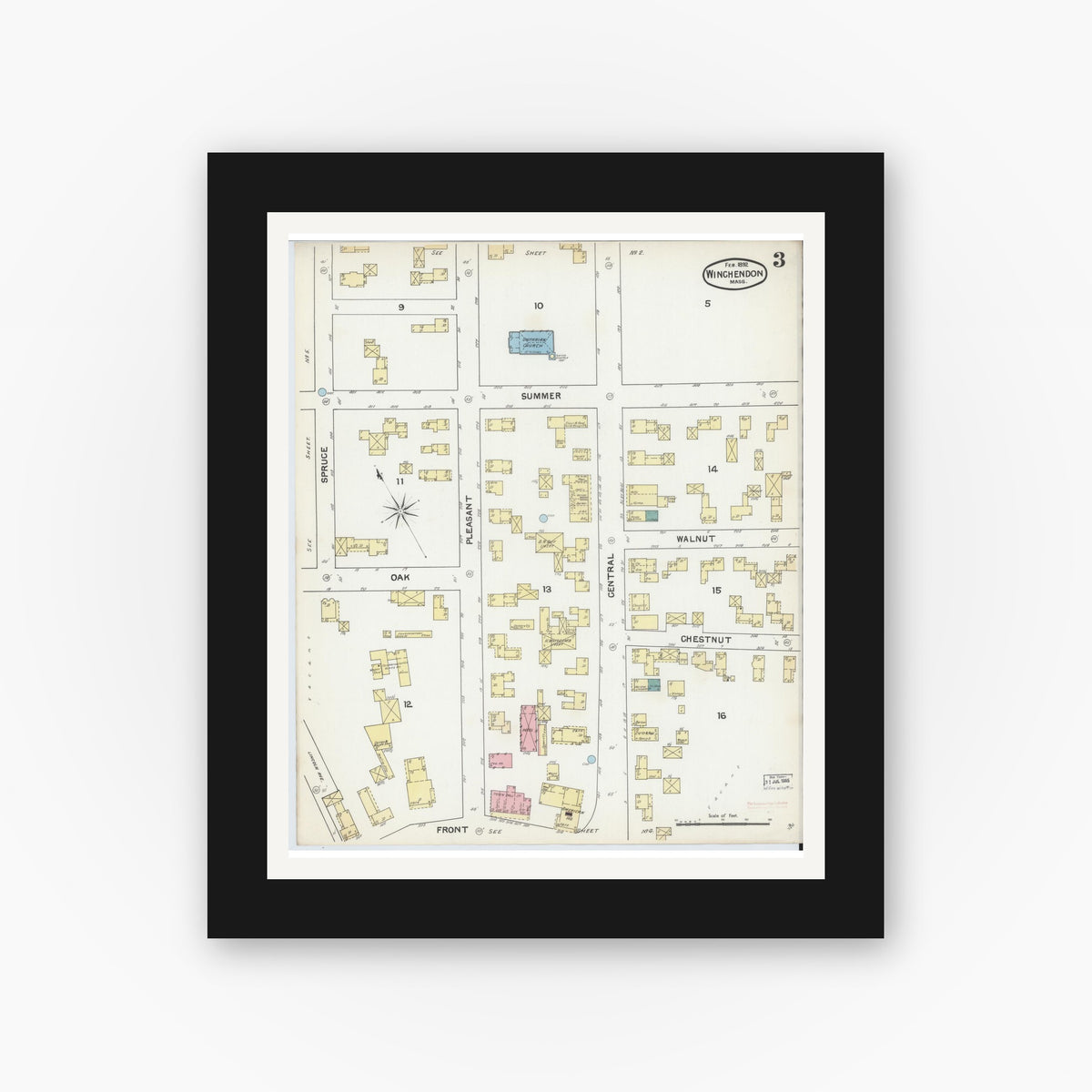 Old map wall art mockup — black gallery frame with white mat — Sanborn Fire Insurance Map from Winchendon, Worcester County, Massachusetts (1892), Sheet #0003