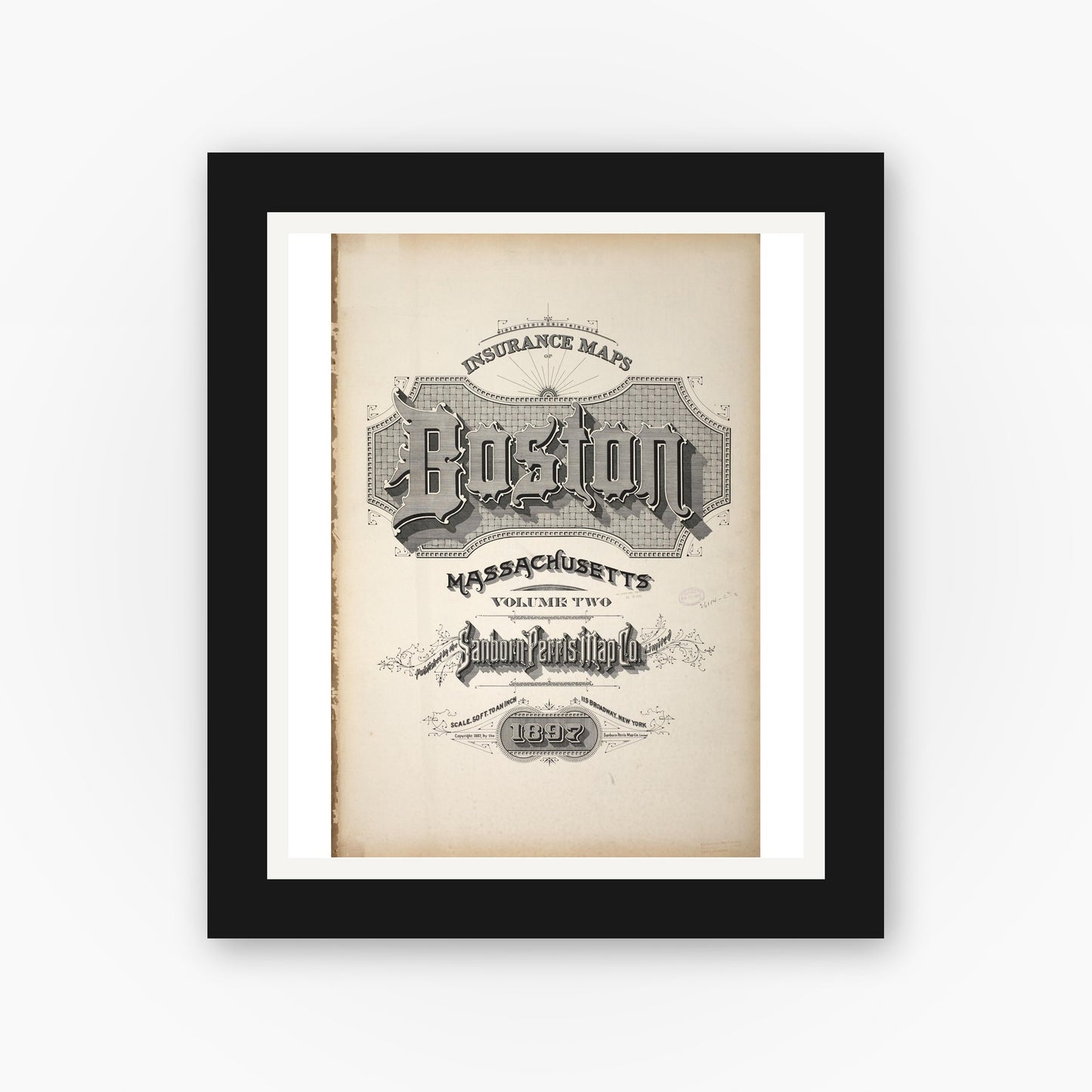Old map wall art mockup — black gallery frame with white mat — Sanborn Fire Insurance Map from Boston, Suffolk County, Massachusetts (1897), Sheet #0001